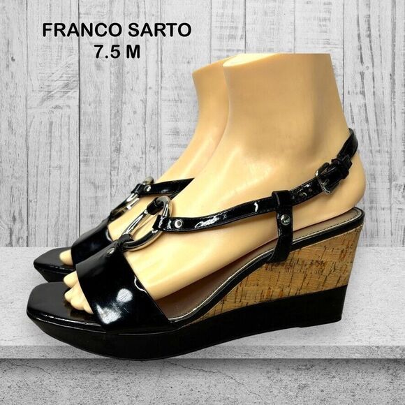 Franco Sarto Clare Black Faux‎ Leather Strappy Platform Wedge Womens Size 7.5 M - Picture 1 of 11